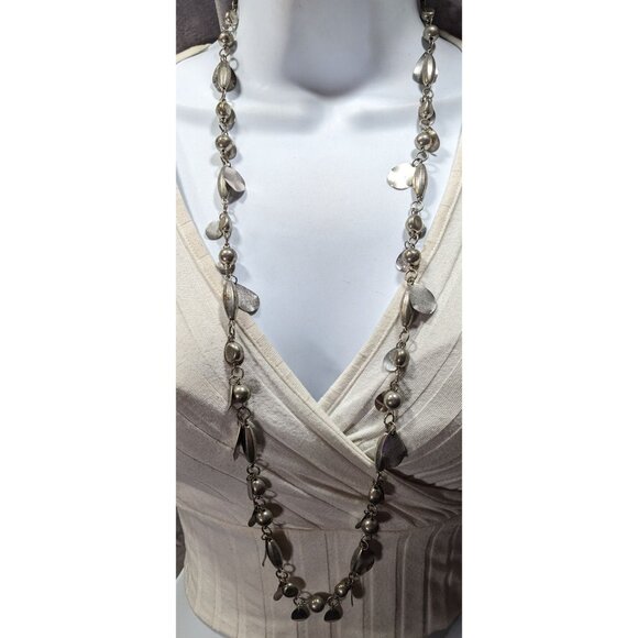 Abstract Metallic Bead Chain And Charm Necklace Silver Tone - Picture 2 of 4